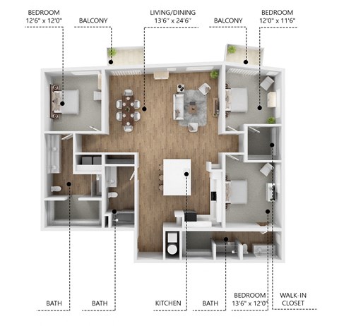 Floor plan for 3 beds, 3 baths, 1800 sqft